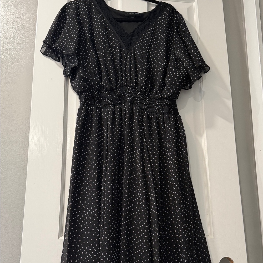 Lane Bryant Black Midi Dress with White / Lavender Dot Print and Lace Trim